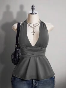 SHEIN ICON 大尺碼掛脖深V領收腰A字露背灰色背心，復古性感優雅Y2K娃娃裝，適合外出夜店夏季穿搭 - 灰色 - 查看 3