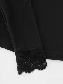 LUMIGAL Women's Autumn/Winter Black Lace Patchwork Asymmetrical Shoulder Waist-Cinching T-Shirt - Black - View 5