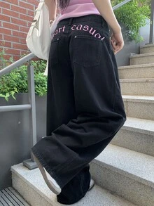 DAZY Contrast Letter Embroidery Loose Curved Leg Jeans Long Pants Casual Street Vacation Korean Style Autumn Winter Women Denim - Dark Grey - View 8
