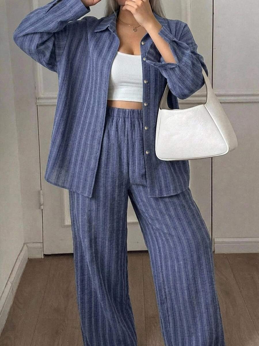 Dazy Plus Western Style Beach Vacation Solid Color Denim Effect Linen Material Loose Minimalist Spring Autumn Plus Size Women Two Pieces Set - Royal Blue - View 1