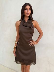 Aloruh Women's Halter Neck Ruffled Mini Dress, Suitable For Dating, Vacation, Party, Daily Wear, Gathering, Outdoor Activities - Coffee - View 5