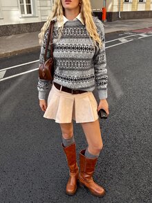 SHEIN EZwear 女款休閒舒適圓領淺灰色與黑色拼接長袖針織衫，秋冬款 - 灰色 - 查看 3