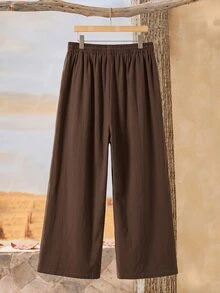 Rusticease Celana Panjang Kasual Harian Wanita Plus Size Warna Polos dengan Pinggang Tali Serut - Coklat - View 4
