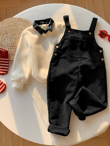 SHEIN 兒童小男孩/女孩，小男孩 2 件組秋冬休閒時尚運動衫套裝，POLO 領運動衫與綠色燈芯絨吊帶褲套裝，小男孩秋冬服飾，套裝，Squishy - 黑色 - 查看 6