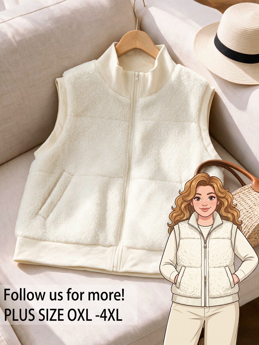Rusticease Plus Size Women's Zipper Casual Versatile Winter Cotton Padded Vest - Apricot - View 1