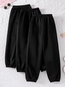 SHEIN 青少年女孩 3件組 素色百搭保暖內裡運動長褲 秋冬款 - 黑色 - 查看 2