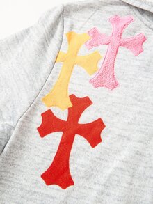 SHEIN 青少年男孩對比色十字裝飾前拉鍊雙口袋休閒日常百搭長袖運動衫外套 - 灰色 - 查看 5