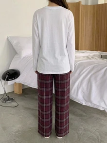 Dazy Kids 長袖T恤風格格紋休閒褲 寬鬆直筒百搭長褲 適合前青春期女孩居家服 - 酒紅色 - 查看 2