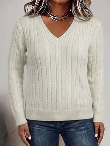 Linhara CURVE Plus Size Women's Autumn/Winter Solid Color V-Neck Long Sleeve Cable Knit Versatile Pullover Sweater - Light Yellow - View 10