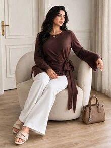 Solavon Plus Size Women Solid Color Casual Daily Long Sleeve T-Shirt - Brown - View 4
