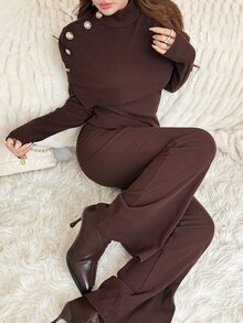 Feyla Women's Solid Color Fashion High Neck Long Sleeve Top And Slim Fit Pants Two Pieces Set - Brown - View 4