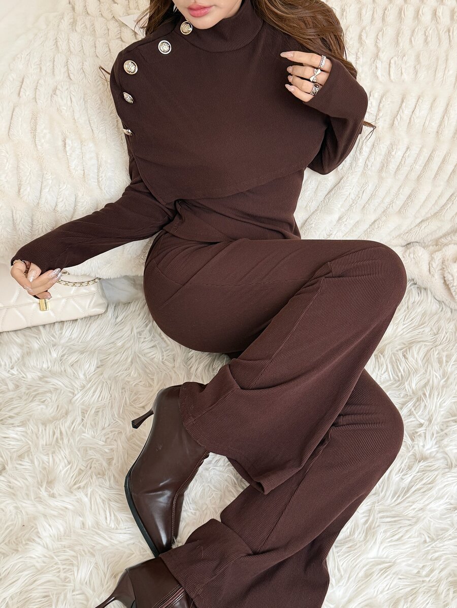 Feyla Women's Solid Color Fashion High Neck Long Sleeve Top And Slim Fit Pants Two Pieces Set - Brown - View 1