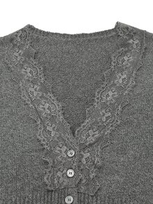 Celisse Women's Lace Patchwork V-Neck Casual Daily Cardigan - Dark Grey - View 3