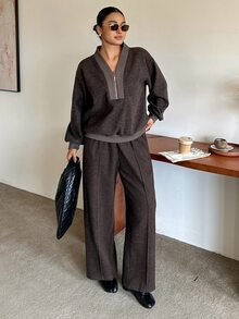 Dazy Plus Thickened Half-Open Collar Pullover Top & Long Pants Casual Fun Commute Spring Autumn New Two Pieces Set - Brown - View 7