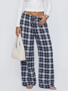 Avantive Women's Plaid Pattern Loose Casual Long Pants - Navy Blue - View 3