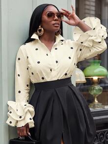 Slaydiva Women Plus Size Polka Dot Shirt With Turn Collar Long Sleeve Multi-Layer Cuff Design Fall - Apricot - View 1