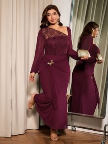 Elaquor Plus Size Women Solid Color Elegant Party Sheer Fitted Dress - Burgundy - View 3