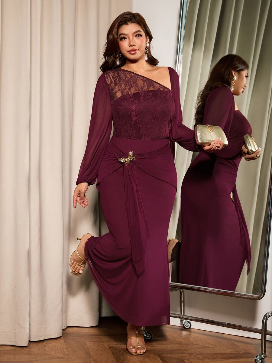 Elaquor Gaun Pesta Wanita Plus Size Warna Polos Elegan Transparan Pas Badan - Burgundy - View 1