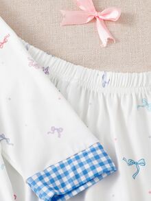 Conjunto de pijama para niñas con estampado de cuadros y gráfico de dibujos animados - Celeste - Ver 7