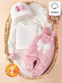 SHEIN 3件組女嬰連身衣上衣帽子套裝，可愛甜美粉色白色蝴蝶結貼花，毛茸茸刷毛長袖圓領加厚款，生日派對冬季聖誕節假期套裝 - 粉色 - 查看 7