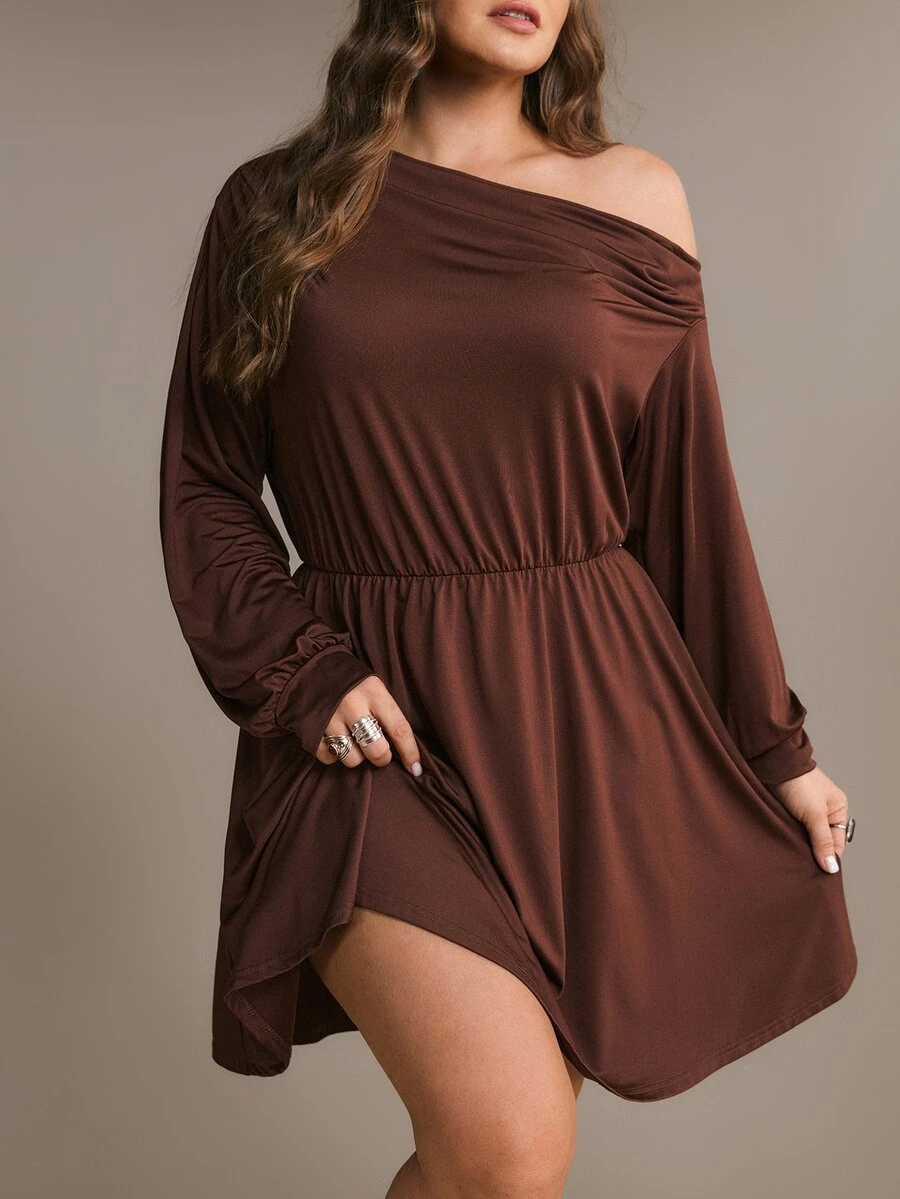 Freevana Plus Size Women Casual Commute Solid Color Asymmetric Neckline Waist Cinched A-Line Dress - Brown - View 1