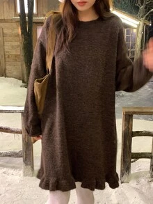 DAZY Women's Dark Brown Round Neck Loose Drop Shoulder Long Sleeve Fuzzy Ruffle Hem Mid-Length Sweater - Brown - View 6