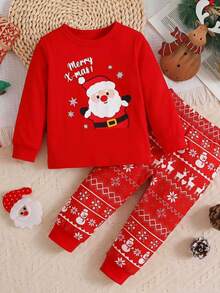 SHEIN Cute & Comfortable Christmas Print Pattern Fitted Pajama Set For Baby Boys - Multicolor - View 4