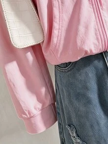 SHEIN Sparklyn 秋冬季女孩英文印花連帽拉鍊外套 - 撞色字母印花混搭街頭風，保暖針織布料，適合秋冬季節，略微寬鬆的版型留有成長空間，校園出行瞬間變身活力少女！ - 粉色 - 查看 5