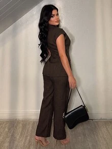 Vavine 2pcs Set: Collared Button-Up Short Sleeve Top With Asymmetrical Hem And Solid Color Long Pants - Brown - View 2