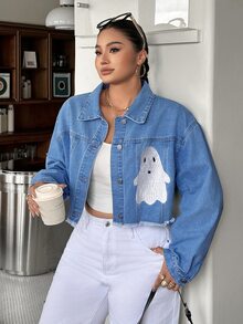 Rivivi Jaket Denim Pendek Wanita Plus Size dengan Bordir Aplikasi - Medium Wash - View 4