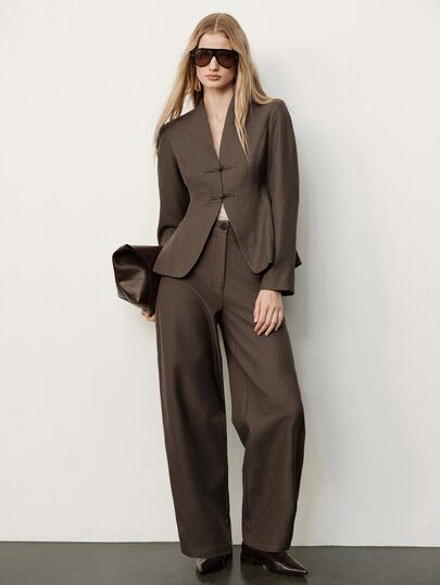 Aveloria Modichic European & American Style Autumn/Winter New Fashion Versatile Solid Color Diagonal Stripe Button Decor V-Neck Blazer With Pants Women Suit Set