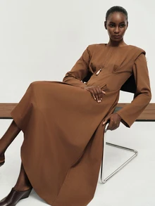Aveloria Modichic Women's Dress Wide Shoulder Fit And Flare Structured Twill Padded Sleeve Radial Pleat Asymmetrical Hem Brown Elegant Long Fall Thanksgiving Dinner - Brown - View 1