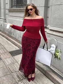 SHEIN EZwear 大尺碼女款酒紅色花卉印花優雅長裙 秋季 - 酒紅色 - 查看 3