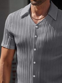 Manfinity Homme 男士純色短袖襯衫與長褲休閒日常穿搭套裝 - 灰色 - 查看 5