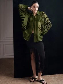 Aveloria Modichic Summer Runway Black & White Contrast Tiger Zebra Animal Print Positioned Chiffon Loose Slightly Sheer Collared Pleated Design Women Long Sleeve Blouse Elegant Sophisticated Modern Sexy Old Money Quiet Luxury Vacation Casual Versatile - Olive Green - View 2