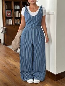 Rivivi Summer New Sexy Loose Print Striped Plus Size Denim Jumpsuit - Blue - View 8