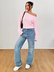 SHEIN PETITE Women's Solid Color One Shoulder Casual Daily Long Sleeve Sweater - Pink - View 5