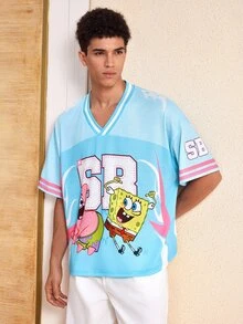 SpongeBob SquarePants | SHEIN Men's Cartoon Graphic Casual Daily Wear T-Shirt - Sky Blue - View 3