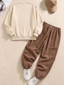青少年男孩2件套休閒時尚舒適運動衫套裝，數位印花長袖上衣款，秋冬穿著，杏色圓領運動衫上衣搭配棕色運動長褲套裝 - 彩色 - 查看 4