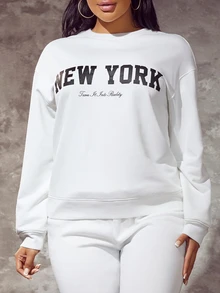 SHEIN SXY Letter Graphic Drop Shoulder Sweatshirt,Long Sleeve Tops In Fall/Winter - White - View 1
