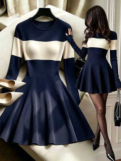 Elenzga Black Apricot Round Neck Long Sleeve Ribbed Knit Waist Cinched Slimming Flared Umbrella Skirt Sexy Short Women Dress