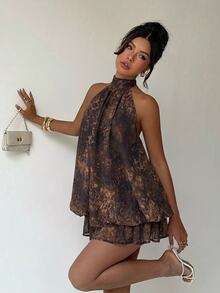 Aloruh Women's Elegant Pale Yellow Halter Neck Tie Mini Dress - Brown - View 8