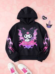 HELLO KITTY AND FRIENDS | SHEIN Women's Hooded Long Sleeve Cartoon Print Sweatshirt - Black - View 3