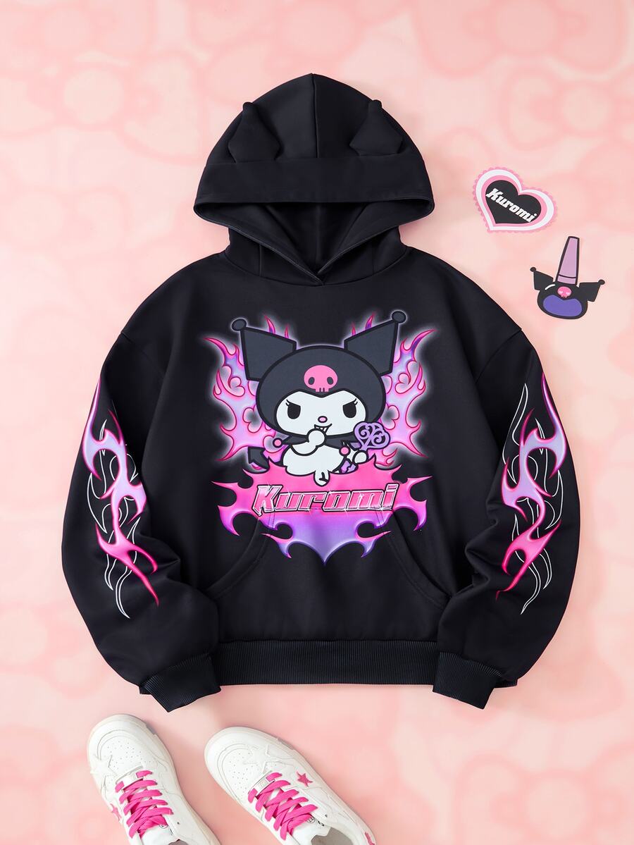 HELLO KITTY AND FRIENDS | SHEIN 女士連帽長袖卡通印花衛衣 - 黑色 - 查看 1