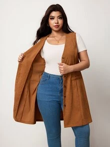 Truni Plus Size Women's Western Style Casual Corduroy Vest Long Coat Pear Body,Triangle Body Fall - Brown - View 8