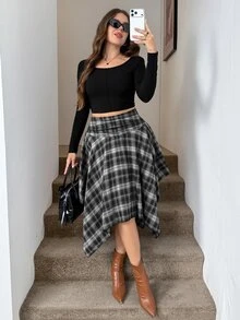Easowa Curve Plus Size Women Plaid Casual Versatile Skirt - Multicolor - View 4