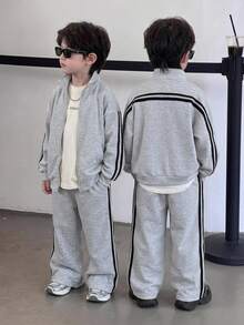 SHEIN Young Boy Casual Korean Style Loose Fit Sport Letter Graphic Sweatshirt & Sweatpants 2pcs Set Suitable For Commuting School Daily Leisure Outings Sports Spring Summer Autumn Winter - Light Grey - View 1