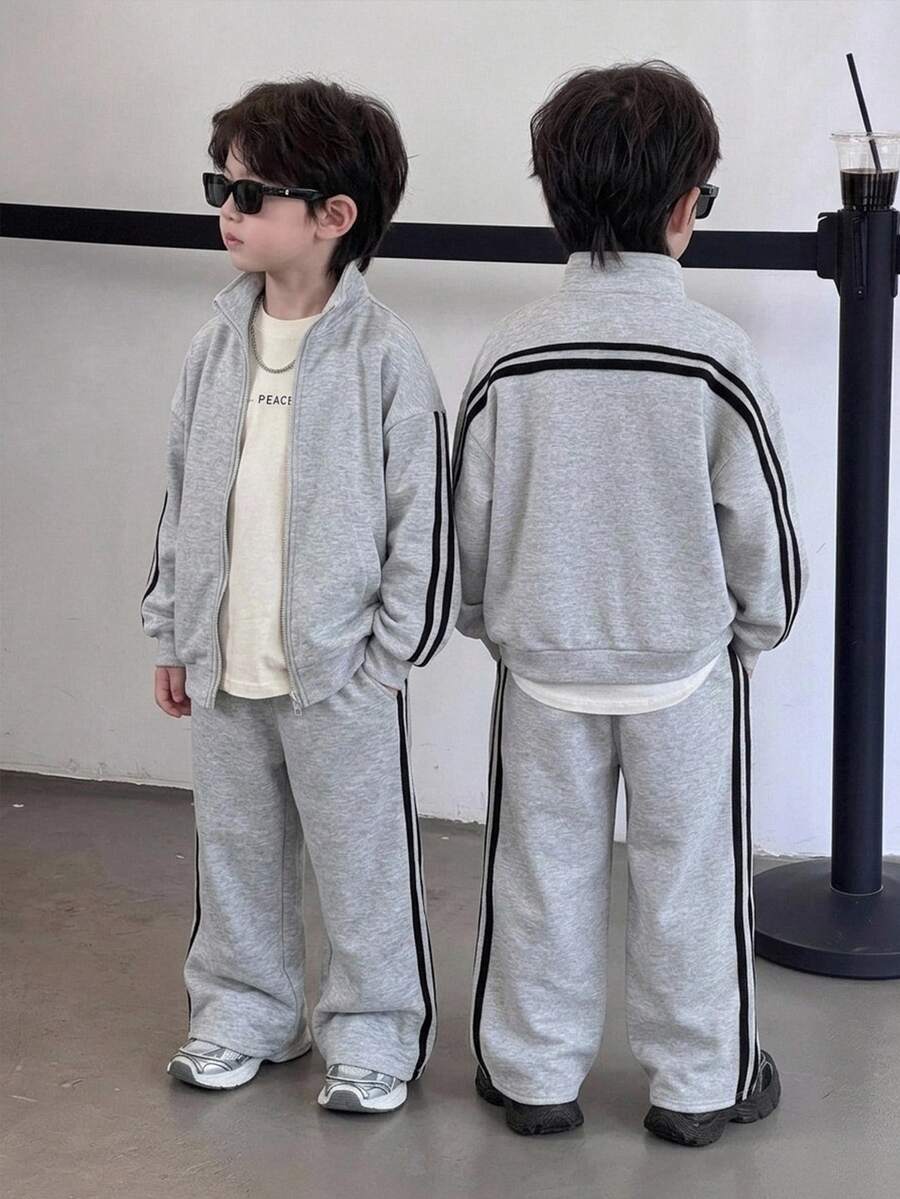 SHEIN Young Boy Casual Korean Style Loose Fit Sport Letter Graphic Sweatshirt & Sweatpants 2pcs Set Suitable For Commuting School Daily Leisure Outings Sports Spring Summer Autumn Winter - Light Grey - View 1