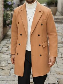 Manfinity Mode Men's Solid Color, Button-Down, Long-Sleeved Black Overcoat, Autumn/Winter Style. - Khaki - View 4