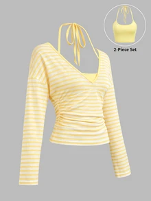 Sweetra Fresh Minimalist Sexy Simple Vintage Office Casual Daily Commute Bestie Afternoon Tea Store Visit Photo Shopping Date Side Ruched Gathered Inner Wear Thin Spaghetti Strap Camisole Back Spring Summer Yellow Women 2 Pieces Set - Yellow - View 3